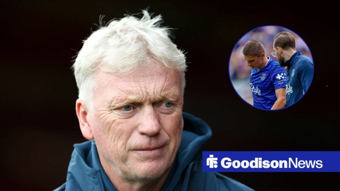 Everton manager David Moyes looking sad, Vitalii Mykolenko in inset.