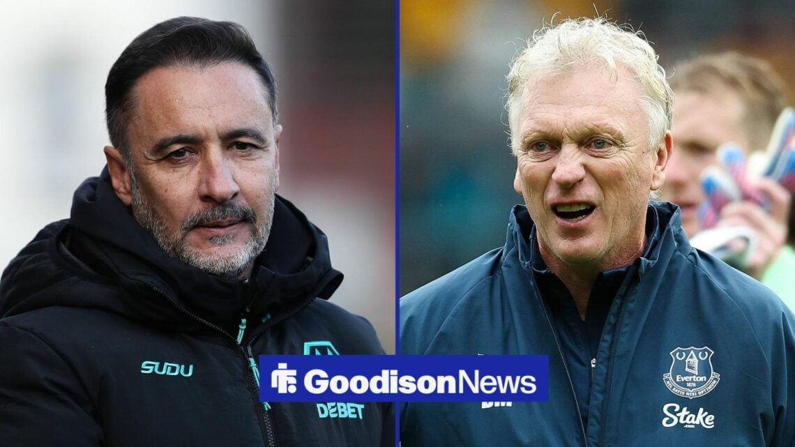 Everton boss David Moyes looking happy, Vitor Pereira looking upset.