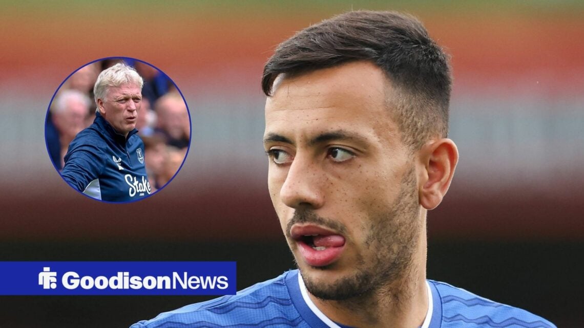 Everton star Dwight McNeil looking gutted, David Moyes in inset.
