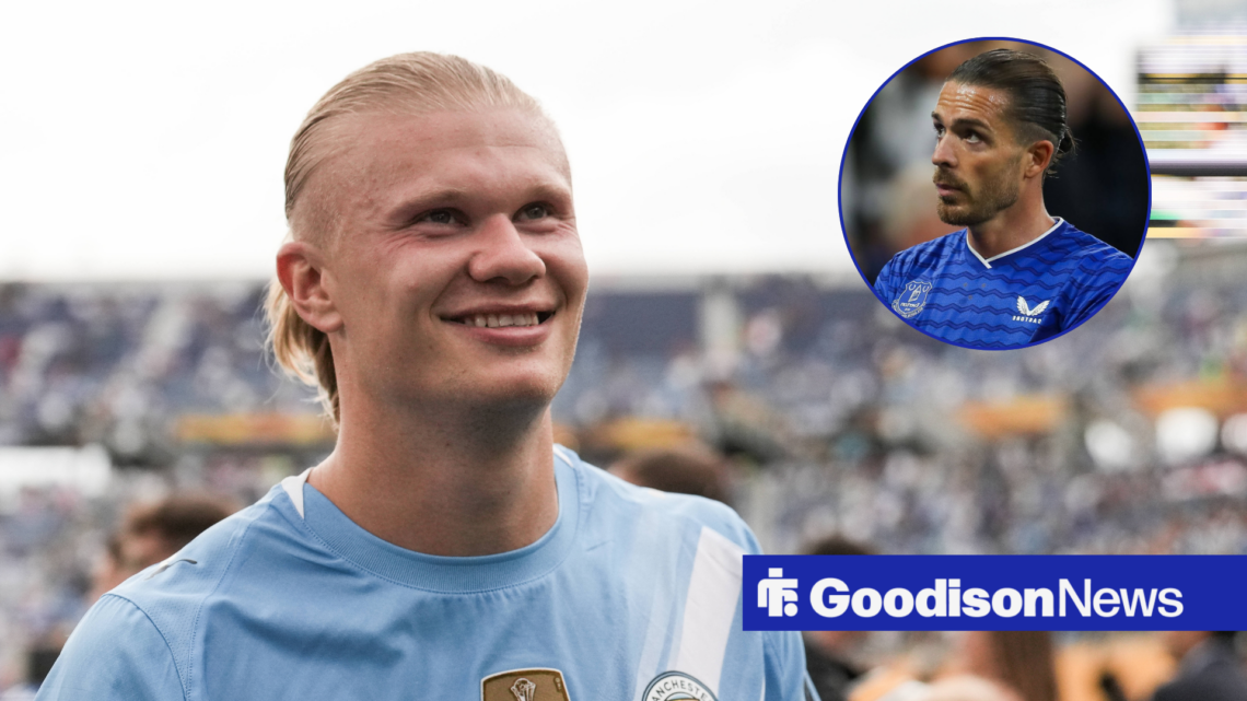 Manchester City star Erling Haaland looking happy, Everton ace Jack Grealish in inset.
