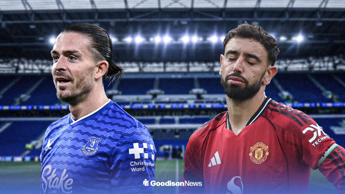 Jack Grealish smiles in an Everton kit, to the right of him is Manchester United's Bruno Fernandes looking gutted. Hill Dickinson Stadium is in the...