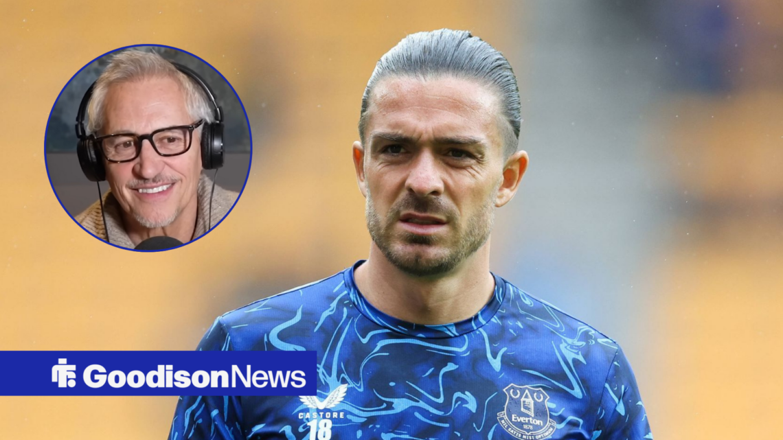 Everton star Jack Grealish in training gear, Gary Lineker in inset.