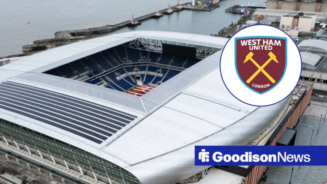 Everton's Hill Dickinson Stadium, West Ham badge.