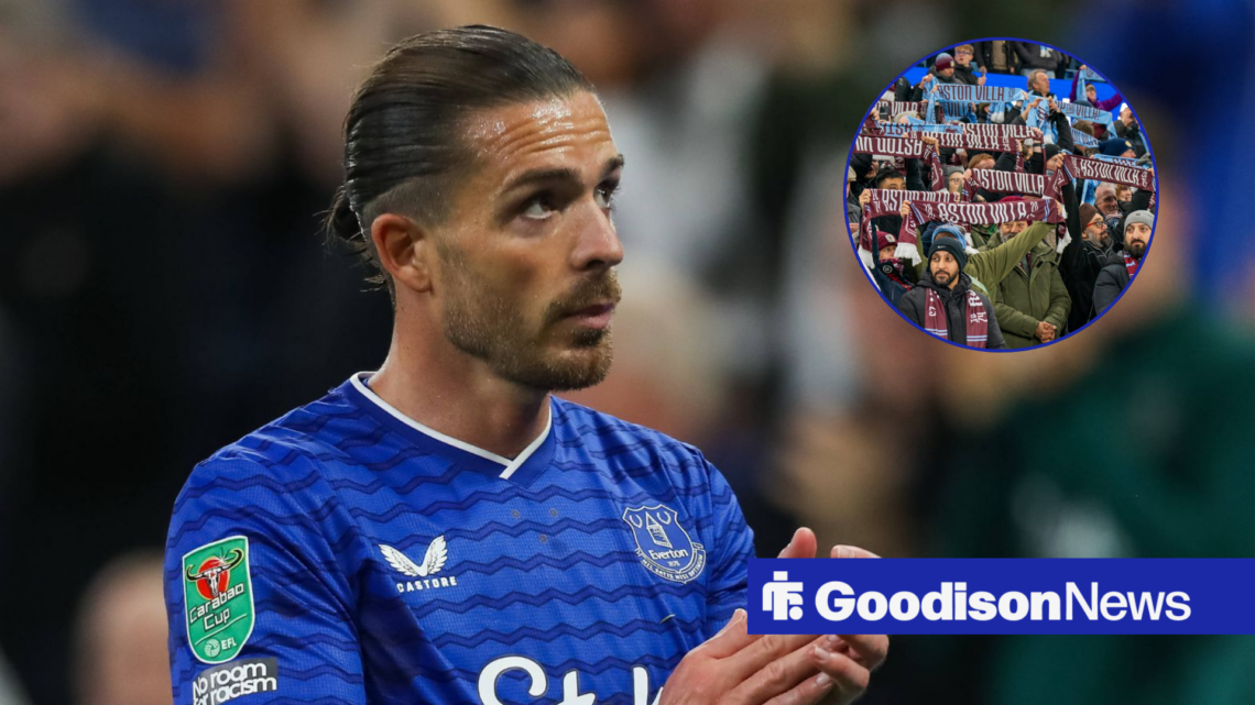 Everton star Jack Grealish looking grateful, Aston Villa fans in inset.