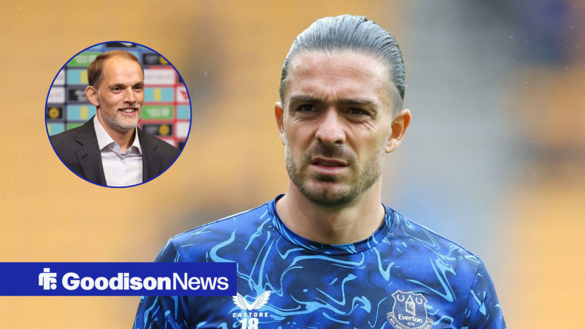 Everton star Jack Grealish looking confused, Thomas Tuchel in inset.