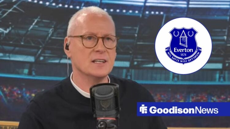 Jim White looking angry, Everton badge in inset.