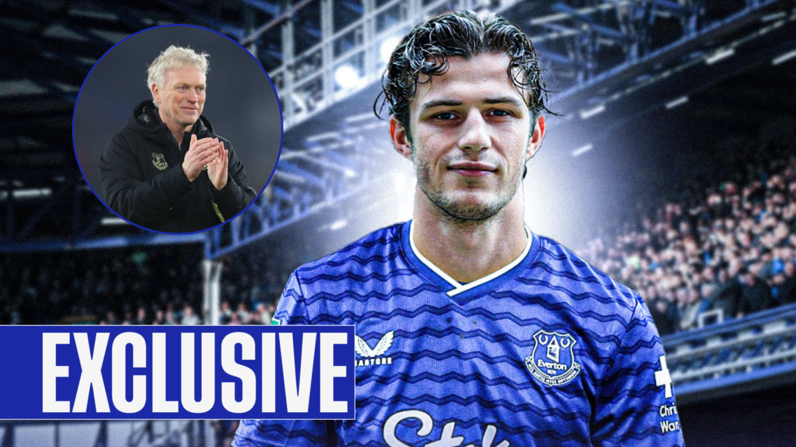 Merlin Rohl in an Everton shirt, David Moyes in inset.