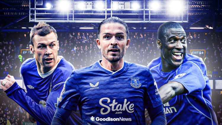 Jack Grealish, Duncan Ferguson and Kevin Campbell in action in Everton shirts with Goodison Park in the background