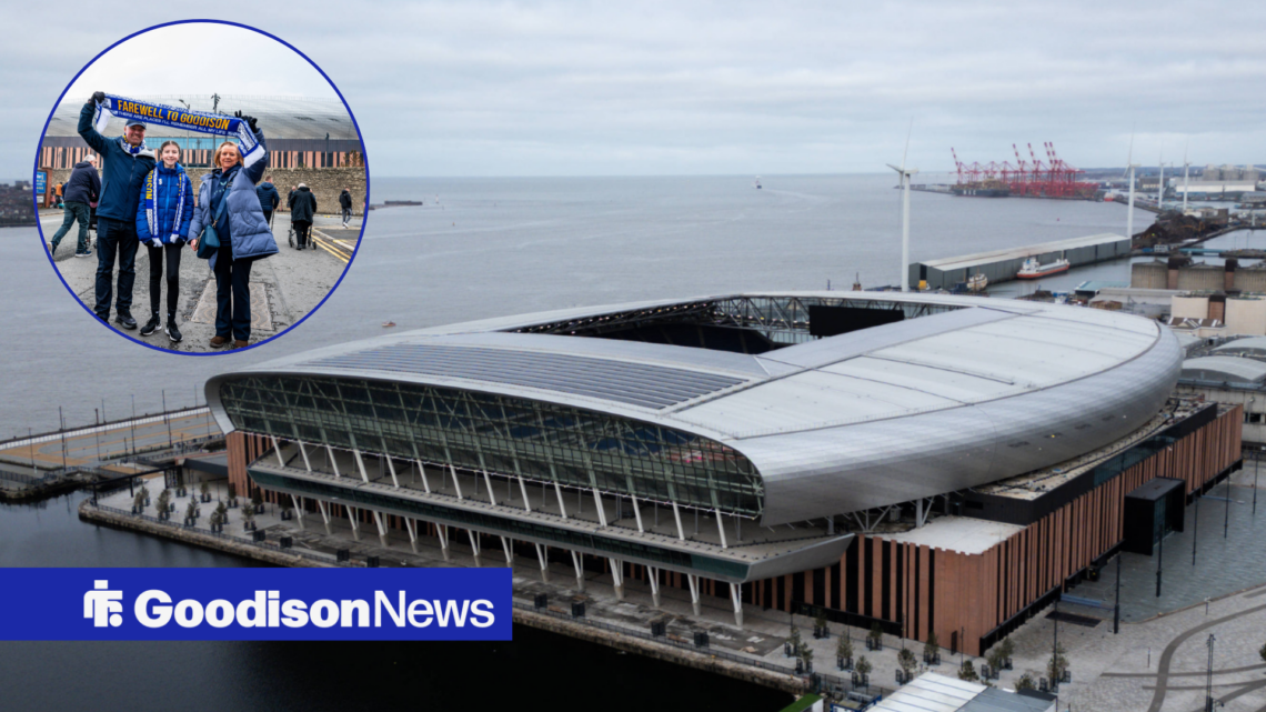 Hill Dickinson Stadium with Everton fans in left circular inset