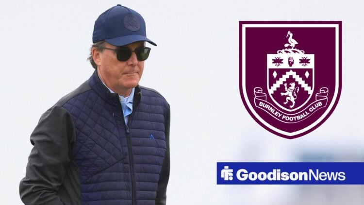Everton owner Dan Friedkin looking moody, with Burnley badge alongside him