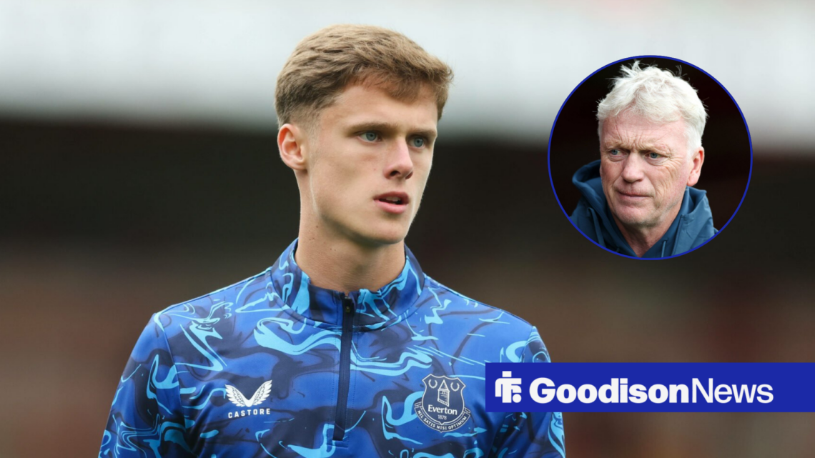 Harrison Armstrong in Everton training gear, David Moyes in inset.