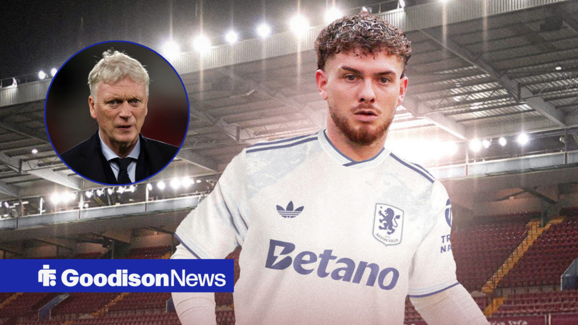 Harvey Elliott in Aston Villa shirt, Everton boss David Moyes in inset.