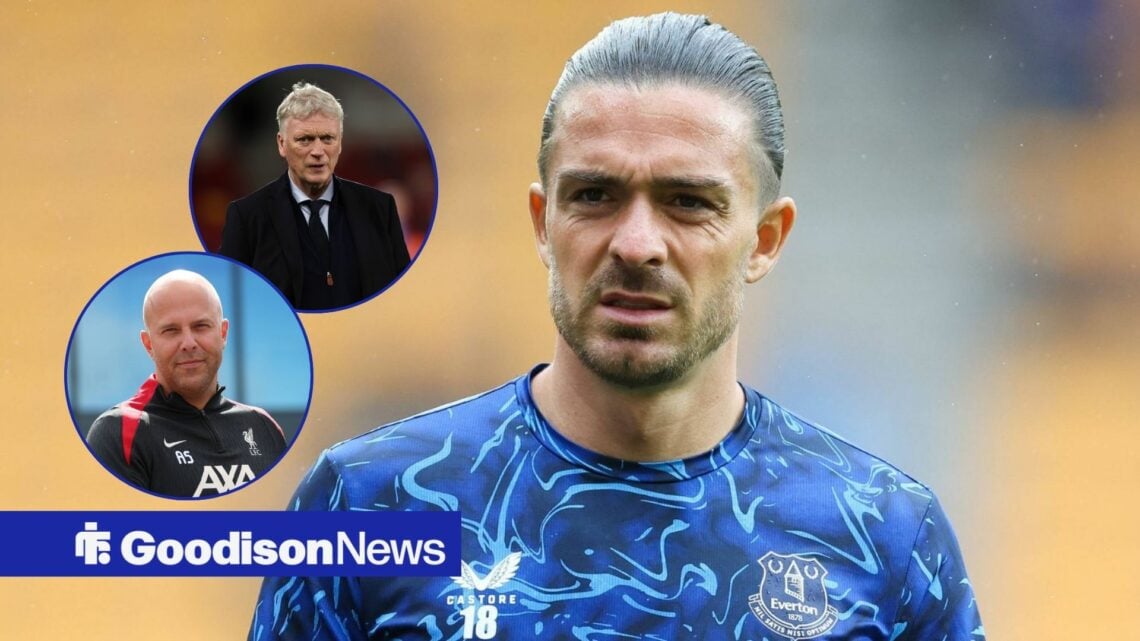 Everton star Jack Grealish looking confused, Arne Slot and David Moyes in insets.