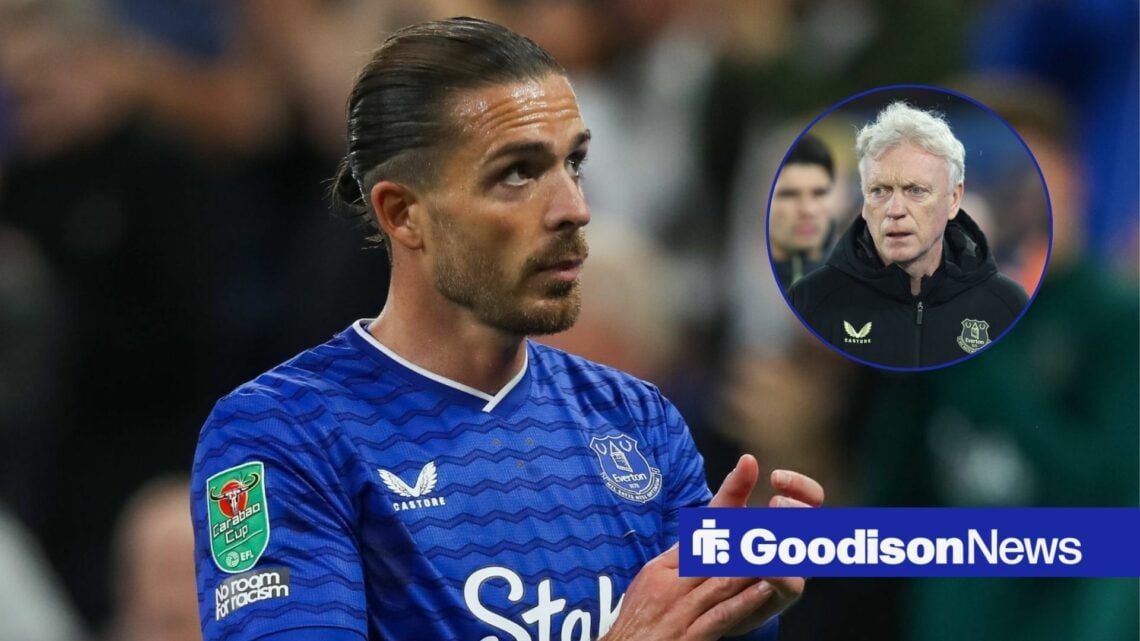 Everton star Jack Grealish clapping, David Moyes looking angry in inset.