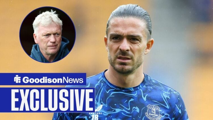 Jack Grealish looking confused, Everton manager David Moyes in inset.