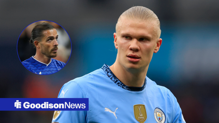 Manchester City star Erling Haaland, Everton ace Jack Grealish in inset.
