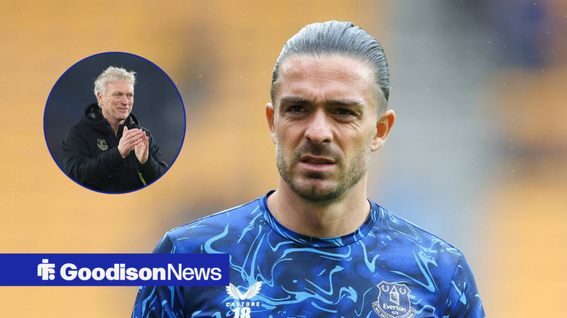 Everton star Jack Grealish looking confused, David Moyes in inset.