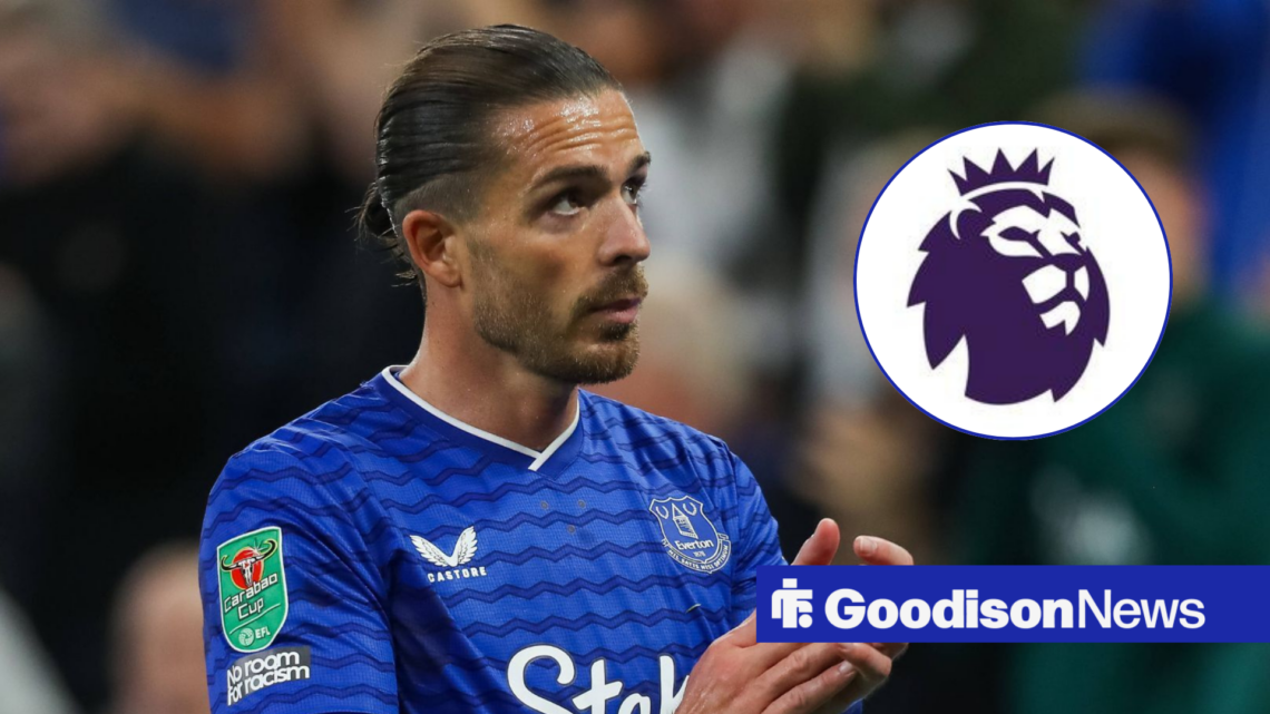 Everton star Jack Grealish clapping, Premier League badge in inset.
