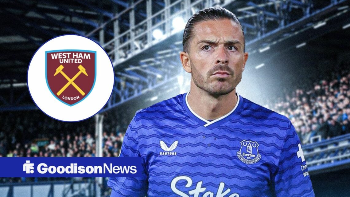 Everton star Jack Grealish looking angry, West Ham badge in inset.
