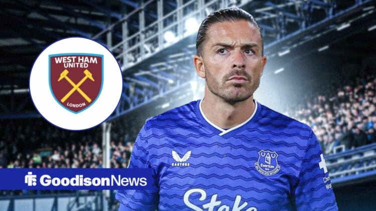 Everton star Jack Grealish looking angry, West Ham badge in inset.