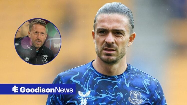 Everton star Jack Grealish looking confused, Graham Potter in inset.