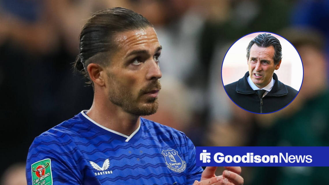 Everton star Jack Grealish, Unai Emery in inset.