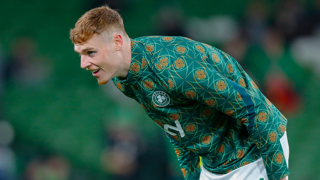 Everton star Jake O'Brien in Ireland training gear.