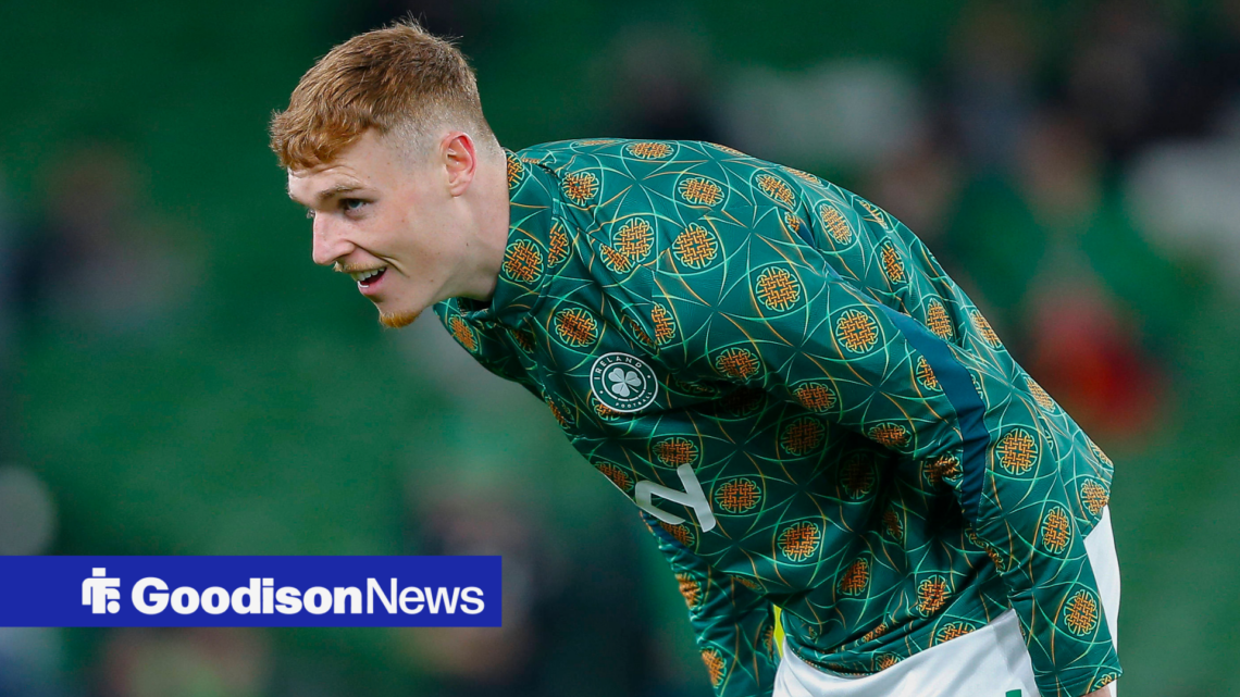 Everton star Jake O'Brien in Ireland training gear.