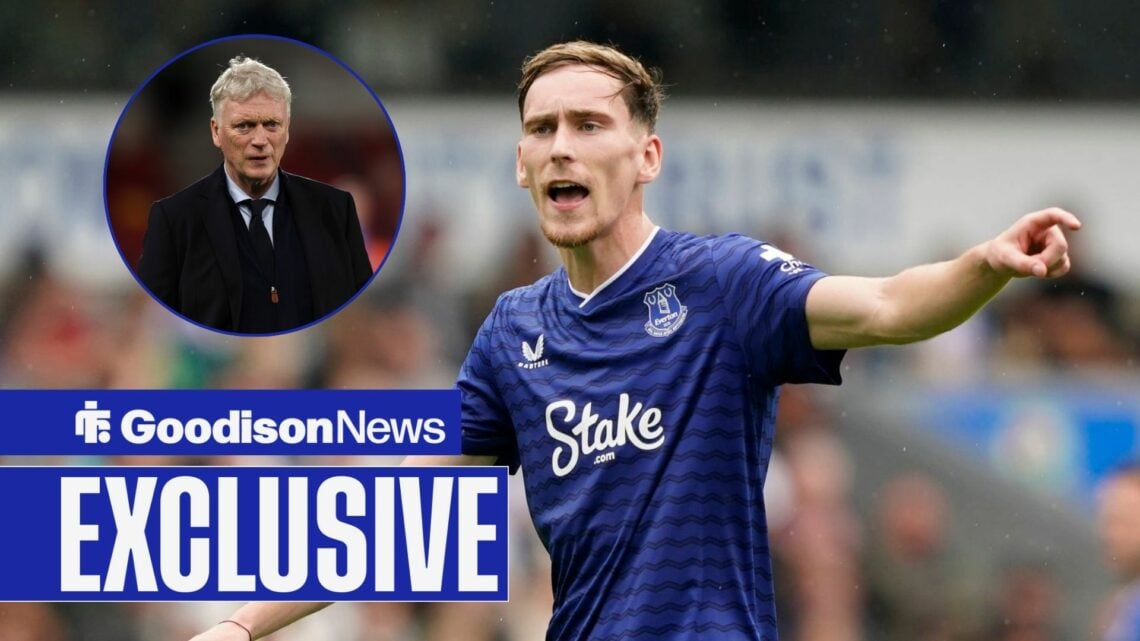 Everton midfielder James Garner in action, David Moyes in inset.