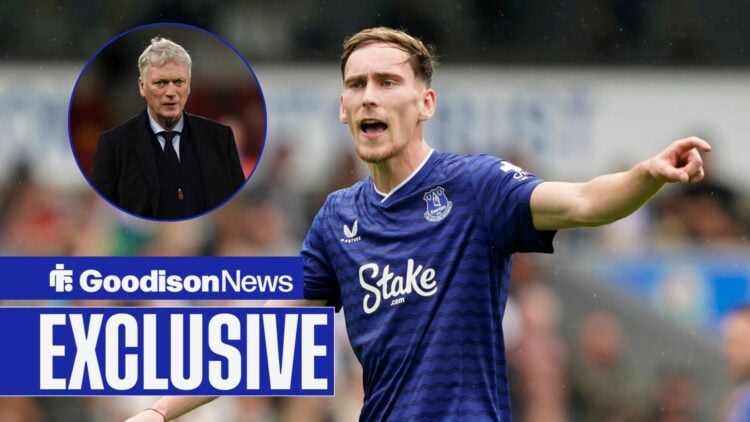 Everton midfielder James Garner in action, David Moyes in inset.