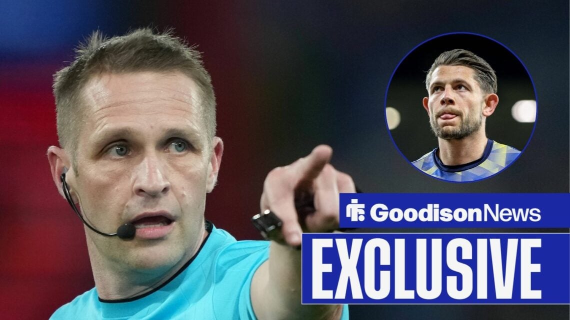 Craig Pawson looking concerned, Everton star James Tarkowski in inset.