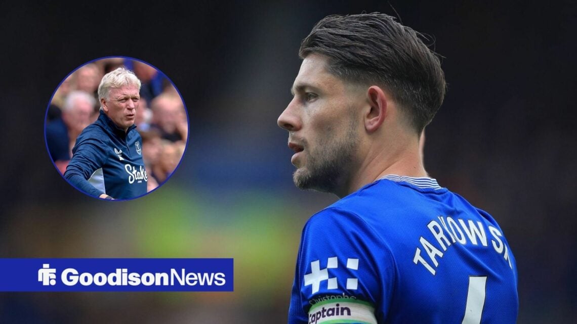 Everton star James Tarkowski in action, David Moyes looking angry.