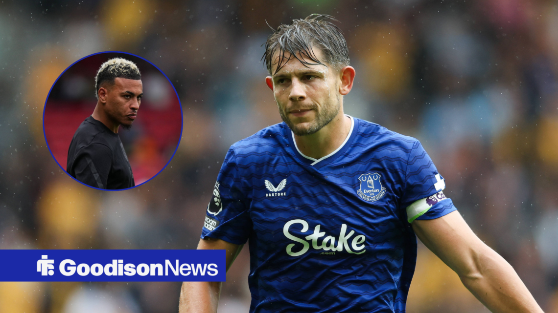 Everton star James Tarkowski looking angry, Morgan Rogers in inset.