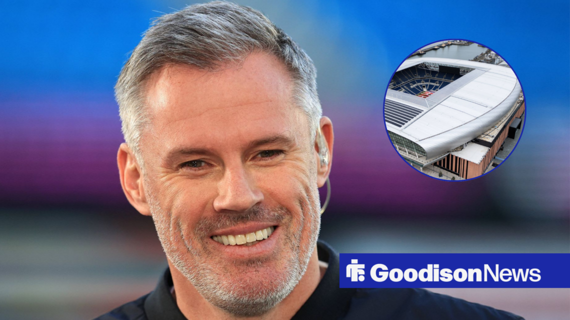 Jamie Carragher looking happy, Everton's Hill Dickinson Stadium in inset.