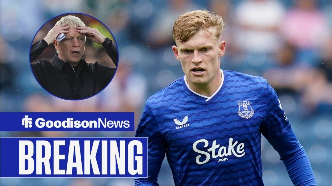 Everton ace Jarrad Branthwaite looking frustrated, David Moyes baffled in inset.