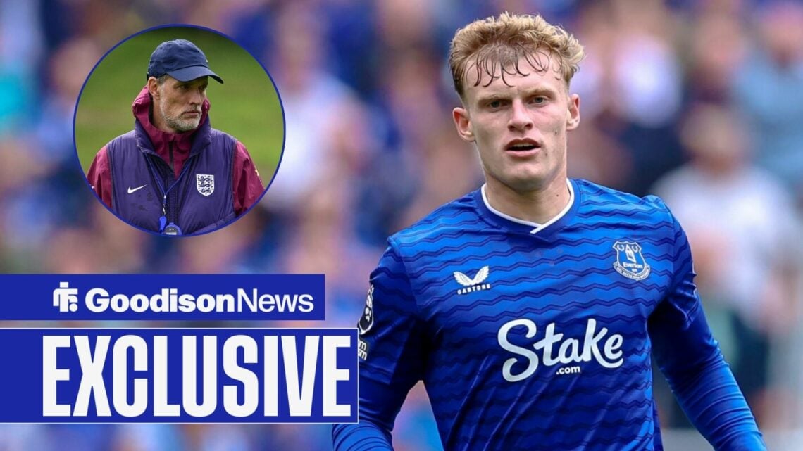 Everton star Jarrad Branthwaite looking concerned, Thomas Tuchel in inset.