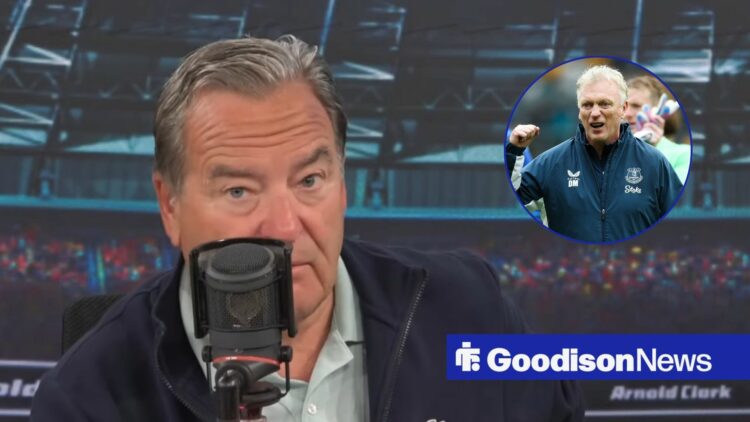 Jeff Stelling with Everton boss David Moyes looking happy in inset.