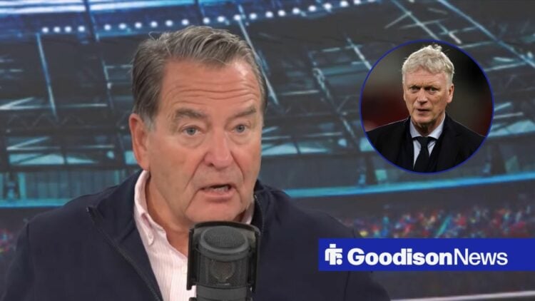 Jeff Stelling looking perplexed, Everton boss David Moyes looking neutral in inset.