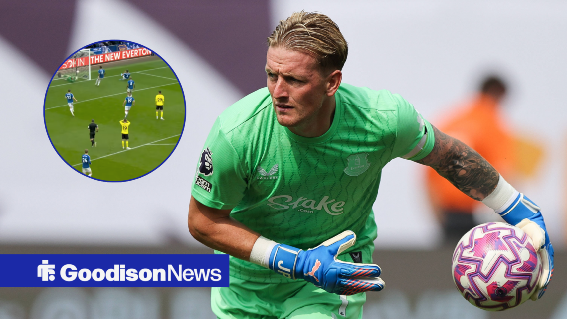 Everton goalkeeper Jordan Pickford, Pickford's save in inset.