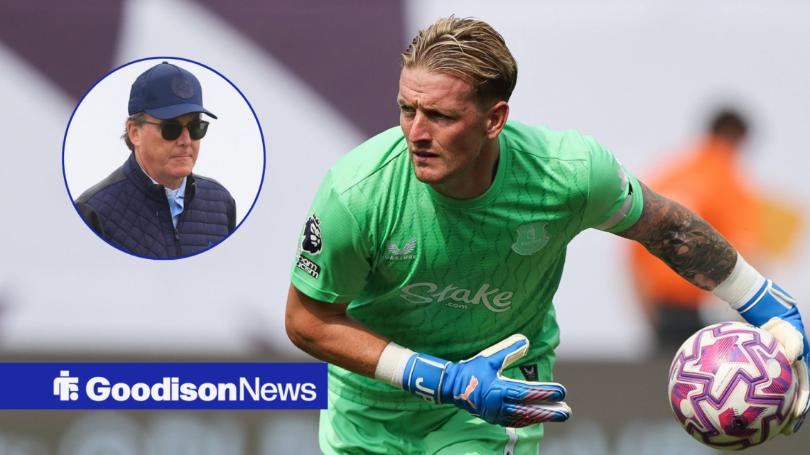 Jordan Pickford in action for Everton, Dan Friedkin in inset.