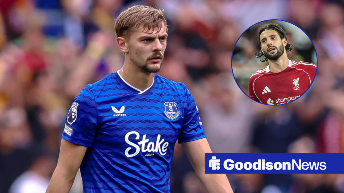 Kiernan Dewsbury-Hall in action for Everton, Dominik Szoboszlai in inset.