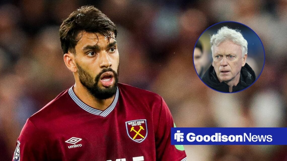 Lucas Paqueta in action for West Ham, Everton boss David Moyes looking livid.