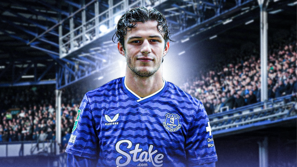 Everton signing Merlin Rohl in a Blues shirt.