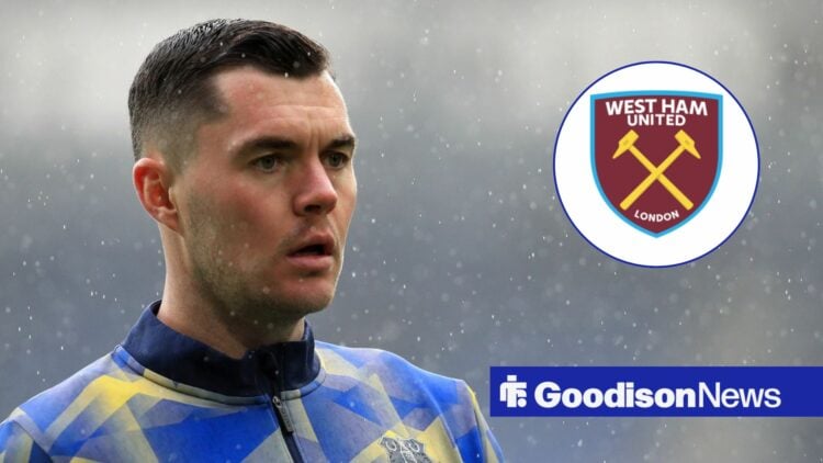 Everton star Michael Keane, West Ham badge in inset.