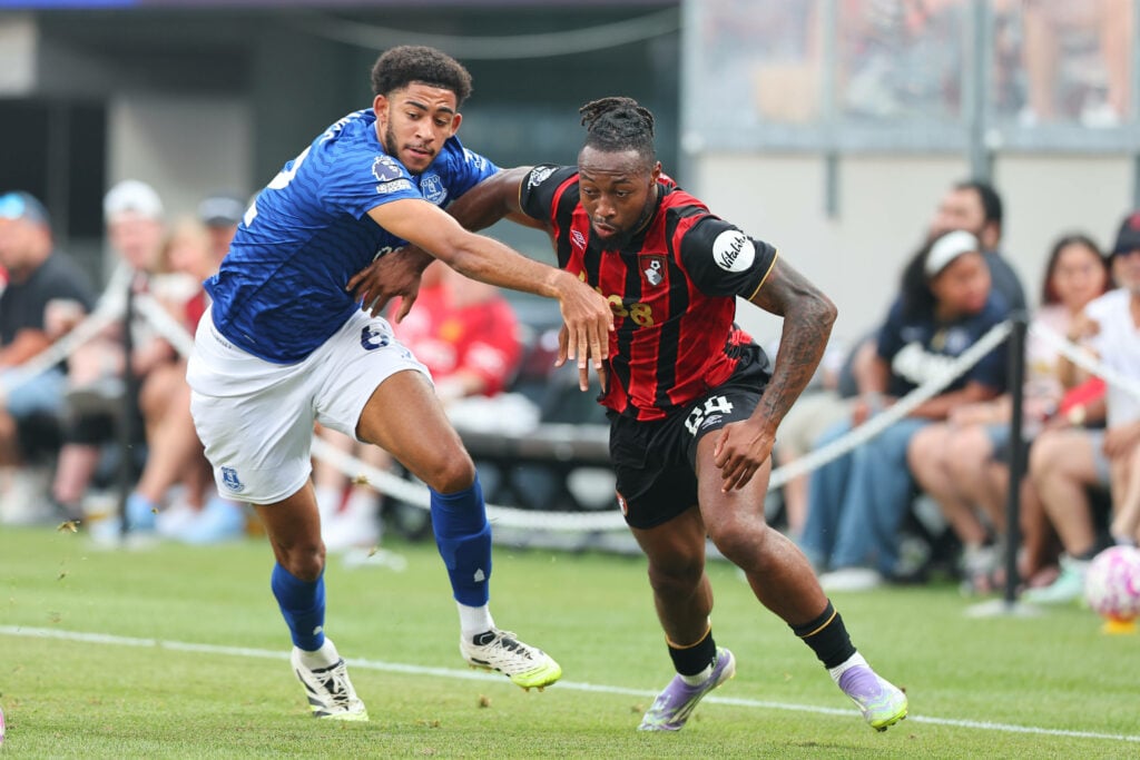 Tyler Onyango runs for the ball for Everton alongside Bournemouth player