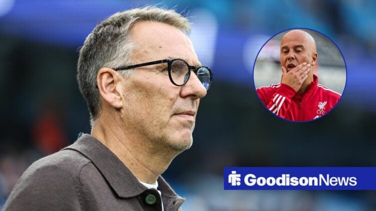Paul Merson looking worried, Arne Slot frustrated in inset.