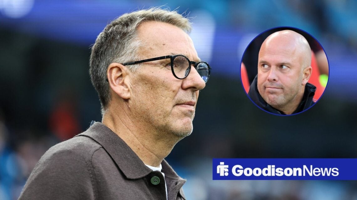Paul Merson looking worried, Arne Slot frustrated in inset.