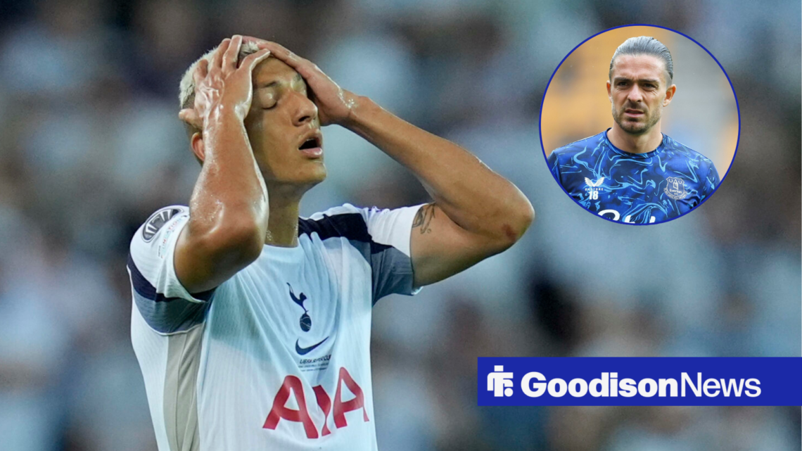Former Everton star Richarlison looking distressed, Jack Grealish in inset.