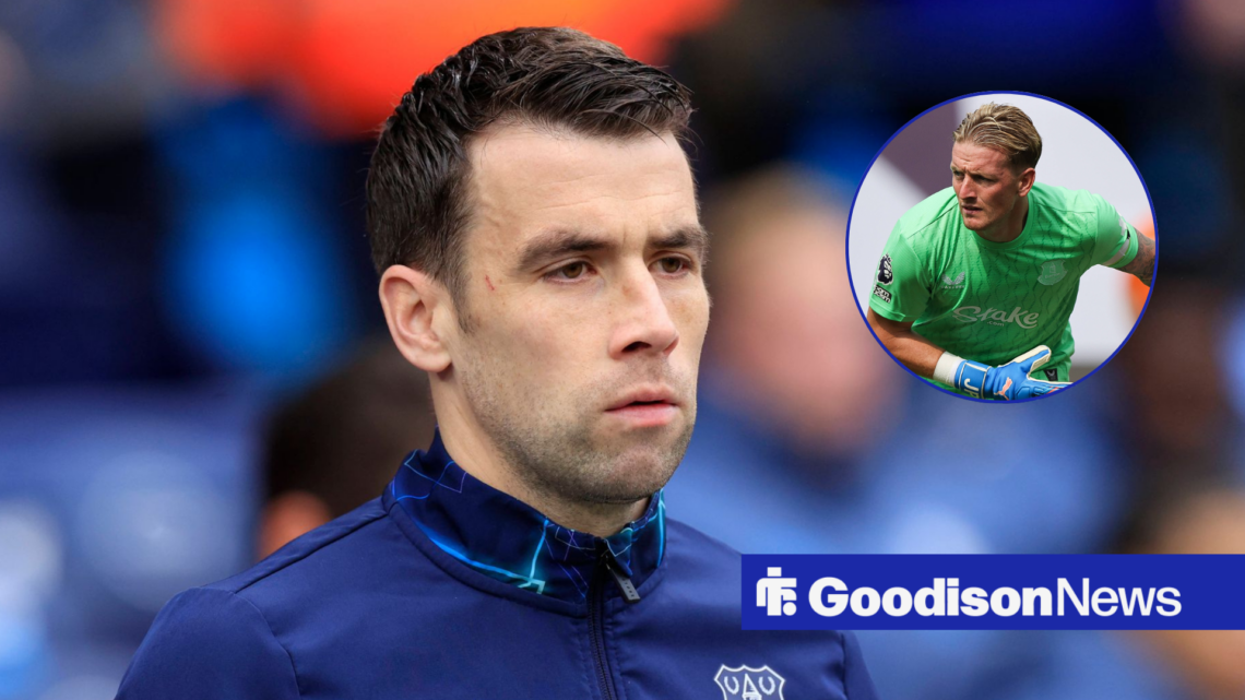 Everton star Seamus Coleman looking angry, Jordan Pickford in inset.
