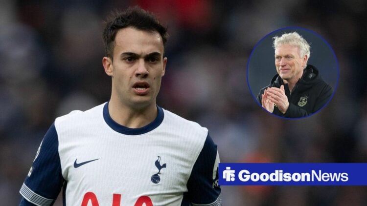 Sergio Reguilon in action for Tottenham, Everton boss David Moyes in inset.